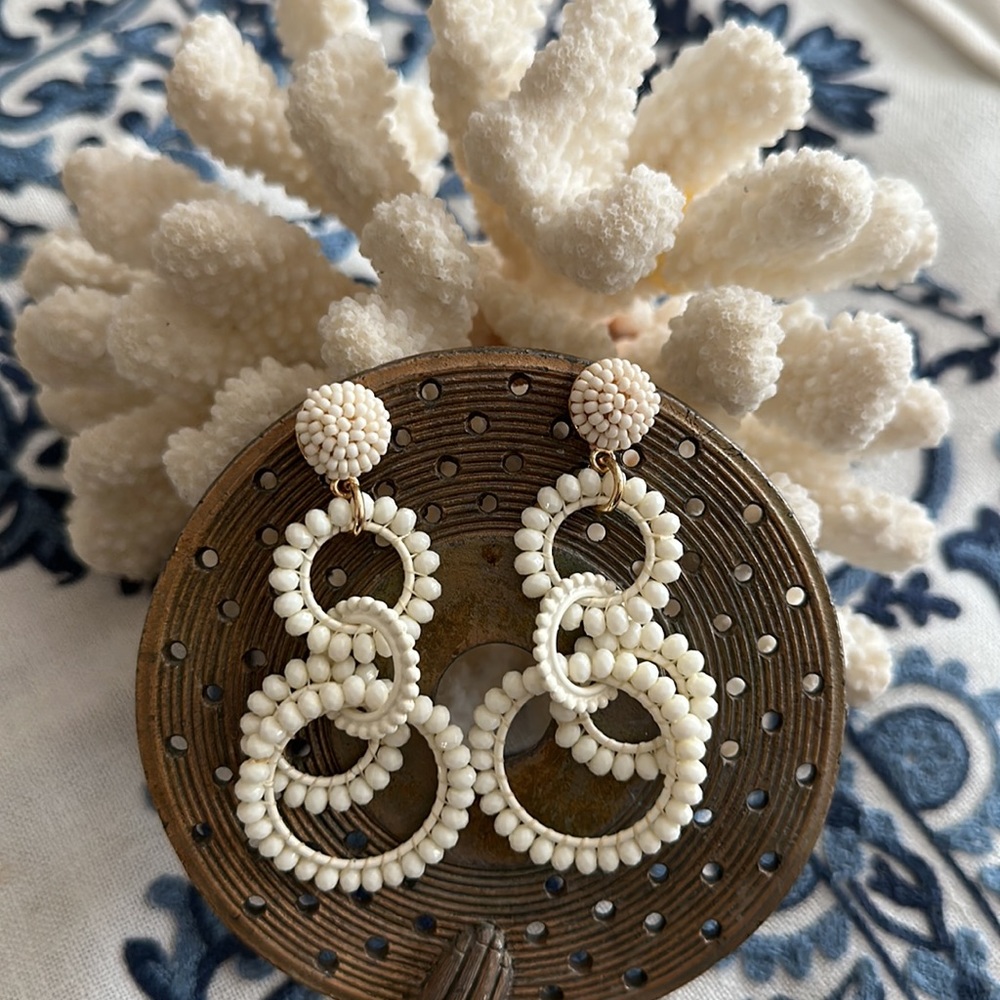 Pieces earrings JCrew 3” posts cream colored four hoops surrounded by tiny beads